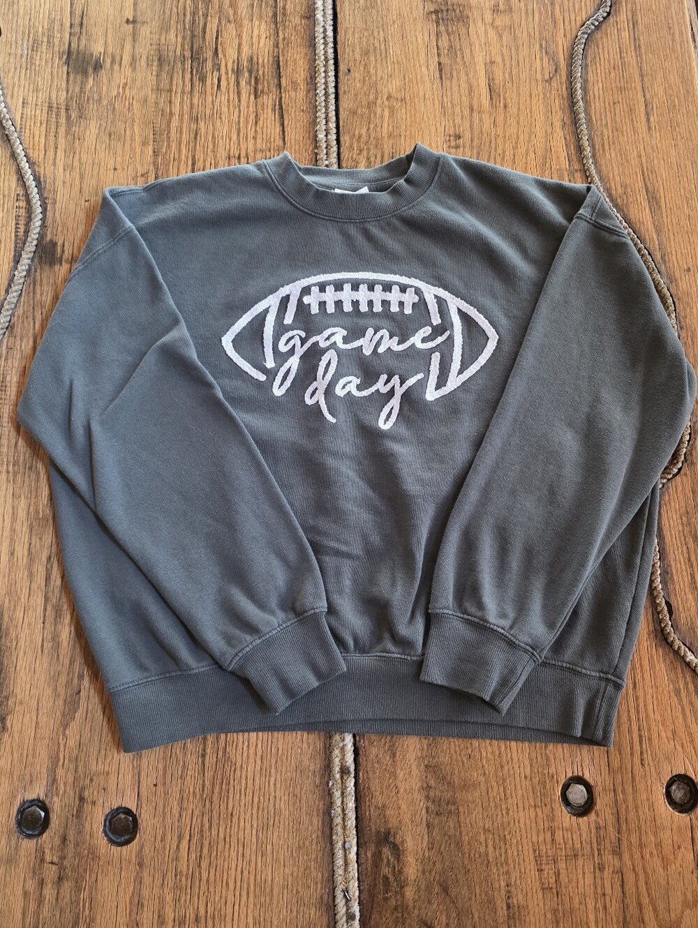 Reflex Sage Green Ribbed Crewneck Sweatshirt With White Embroidered "Game Day"